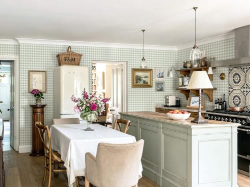 Peel and Stick Wallpaper for Bedroom Green & White Plaid 196"×17.3" - color: Green and White, size: 17.3" x 196"
