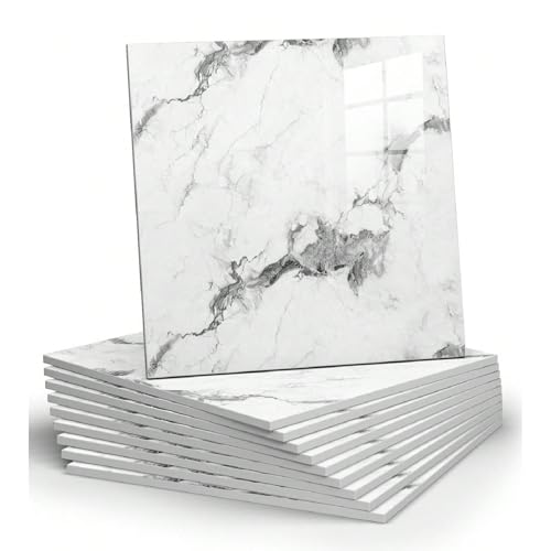 Chejiaye 10pcs Marble Peel and Stick Backsplash Waterproof Washroom Wall Panels, Peel and Stick Tile, PVC Foam Wall Panels for Kitchen,Bathroom,Living Room,White Grey(Not Real Tile,11.8" x 11.8") - color: White Grey2, size: 11.8" x 11.8" x 10Pack