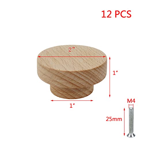 Dnyta 12Pcs 2"×1" Wooden Single Hole Knobs Round Drawer Knobs for Kitchen