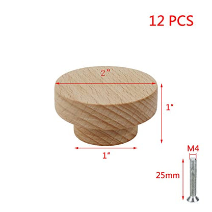 Dnyta 12Pcs 2"×1" Wooden Single Hole Knobs Round Drawer Knobs for Kitchen