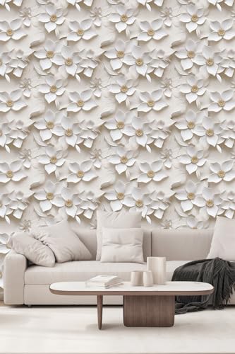 Peel and Stick Wallpaper Cream White Floral Feature - color: Cream&yellow, size: 17.7" x 393.7"