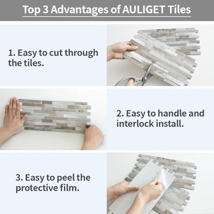 AULIGET 20 Sheets Peel and Stick Backsplash, Coffee & Brown Wood Look PVC Mixed Metal Stick on Backsplash Tiles for Kitchen - color: Coffee & Brown Wood + Metal Silver, size: 20 Sheets, 6"x12"x0.12"