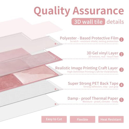 Alwayspon 6x12inchx10Pcs Self Adhesive Wall Tile Sticker, Peel and Stick Adhesive Waterproof Backsplash Stick on Tile Decals for Kitchen Bathroom Wall, Pink - color: Pink