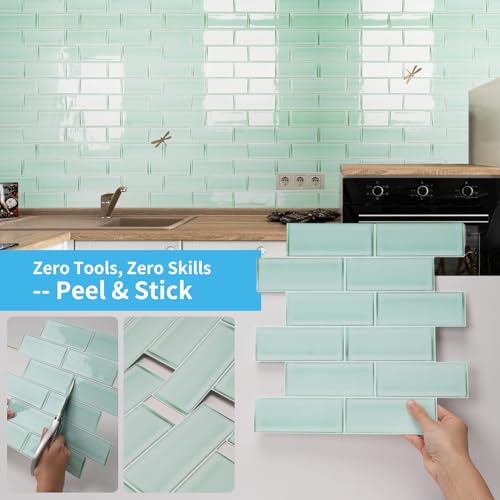 Art3d Seaglass Subway Design Peel and Stick Backsplash, 10-Pack, Aqua Green - color: Aqua Green
