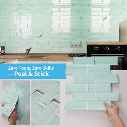 Art3d Seaglass Subway Design Peel and Stick Backsplash, 10-Pack, Aqua Green - color: Aqua Green