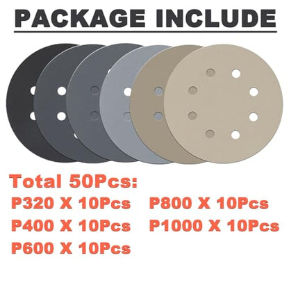 50Pcs 5 Inch Wet Dry Sanding Discs: 320-1000 Grit Assortment