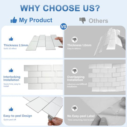 Thicker Design Peel and Stick Backsplash Tile，Self Adhesive Wall Tiles for Kitchen & Bathroom (10 Sheets, White) - color: White With Grey Grout