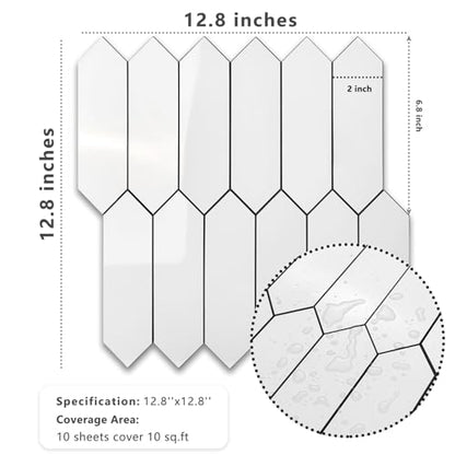 Vamos Tile Glossy White Backsplash Tile Peel and Stick, 12.8 x 12.8 Inch 10 Sheets Long Hexagon PVC Self Adhesive Mosaic Wall Tiles Stick on Backsplash for Kitchen and Bathroom - color: Glossy White with Dark Gray Grout