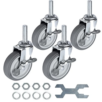 Finnhomy Caster Wheels 3 Inch Set of 4 Heavy Duty Threaded Stem Casters 1/2"-13x1-1/2 Swivel Rubber Industrial Castors Locking Wheels for Wire Shelving/Furniture/Carts Load Bearing 720 Lbs Gray - size: 1/2" -13 x 1-1/2" (with Brake)