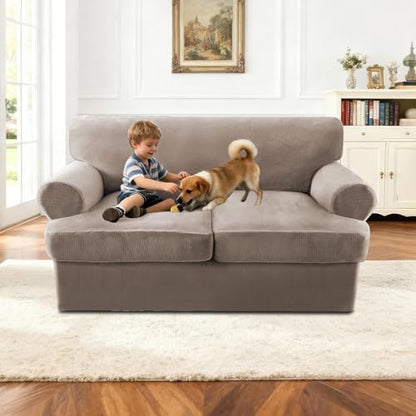 Turquoize Sofa Cover 3 Piece T Cushion Loveseat Covers for 2 Cushion Couch Thick Velvet Couch Cover Stretch Furniture Covers with 2 Individual T Cushion Covers, Washable (2 Cushion Loveseat, Taupe) - color: Taupe, size: Loveseat (2 Cushion)
