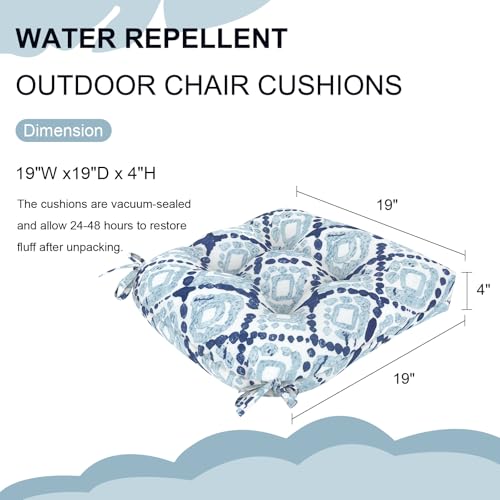 DYTXIII Set of 2 Outdoor Chair Cushions 19"x19"x4", Water Repellent Tufted Patio Seat Cushions with Ties, Thick Replacement Pads for Wicker Dining Chairs, Patio Furniture, Boho Geometry Blue - color: Boho Geometry Blue