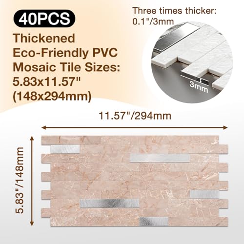 Peel and Stick Backsplash Tile Waterproof Removable PVC Wall Sticker 3D Faux Stone Marble Brick White Accent Panels (Pink Marble - Metal Silver, 40 Tiles - 18 sq. ft. (1.68 m²)) - color: Pink Marble - Metal Silver, size: 40 Tiles - 18 sq. ft. (1.68 m²)