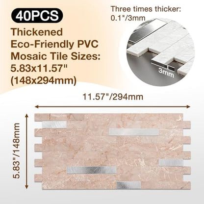 Peel and Stick Backsplash Tile Waterproof Removable PVC Wall Sticker 3D Faux Stone Marble Brick White Accent Panels (Pink Marble - Metal Silver, 40 Tiles - 18 sq. ft. (1.68 m²)) - color: Pink Marble - Metal Silver, size: 40 Tiles - 18 sq. ft. (1.68 m²)