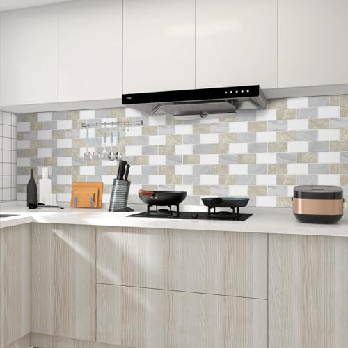 10 Sheets Peel and Stick Backsplash for Kitchen 12"X12" Renter Friendly Backsplash Back Splash Adhesive Subway Wall for Bathroom Cream White & Light Gray Marble Tile Sticker（Not 3D Tile