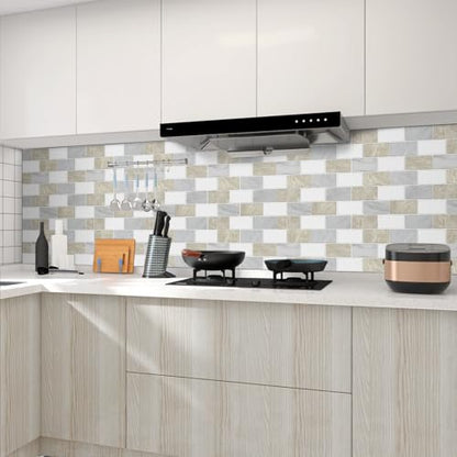 10 Sheets Peel and Stick Backsplash for Kitchen 12"X12" Renter Friendly Backsplash Back Splash Adhesive Subway Wall for Bathroom Cream White & Light Gray Marble Tile Sticker（Not 3D Tile