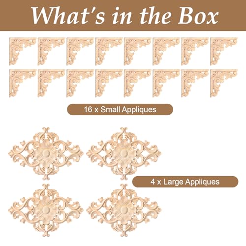 20 Pcs (4 Set) Wooden Appliques Decorative Carved Onlays, Wooden Carved Appliques DIY Decoration for Wood Furniture, Wood Carving Decals for Wall Cupboard Door Bed Cabinet