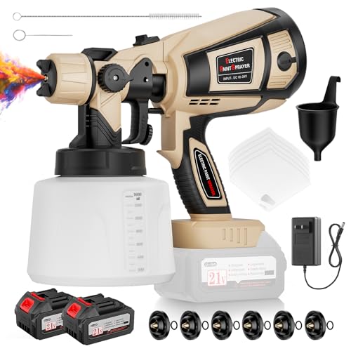 Paint Sprayer, Cordless Spray Paint Gun with Battery 2 × 4.0Ah & 1400ML Container, Easy to Clean & Use, Electric Paint Sprayer for House Painting Wall Fence Furniture DIY Projects (Brown & Black)