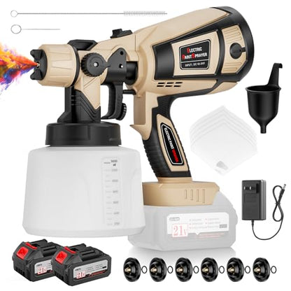 Paint Sprayer, Cordless Spray Paint Gun with Battery 2 × 4.0Ah & 1400ML Container, Easy to Clean & Use, Electric Paint Sprayer for House Painting Wall Fence Furniture DIY Projects (Brown & Black)
