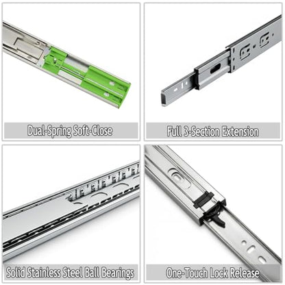 Soft Close 24" Drawer Slides, Full Extension Side Mount, 6 Pairs - size: 24 Inch