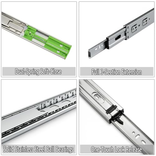 Soft Close 22" Drawer Slides, Full Extension Side Mount, 10 Pairs - size: 22 Inch