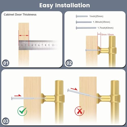 Brushed Brass Cabinet Pulls 3 Inch Hole Centers T Bar 10 Pack - color: Brushed Brass, size: Hole Centers: 3inch