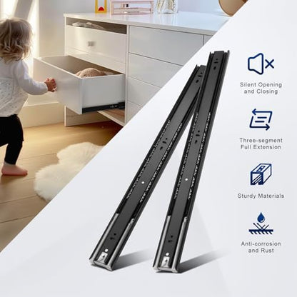 Probrico 1 Pair 22 Inch Soft Close Drawer Slides, Ball Bearing Full Extension Dresser Slides, Side Mount Heavy Duty Black Drawer Slides Glides - size: 22 Inch
