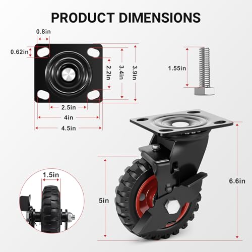 5 Inch Outdoor Heavy Duty Casters Wheels Set of 4, Sturdy Large Rubber Casters with Brake, Industrial Grade Plate Swivel Castors 1080 LBS with Knobby Tread for Workbench, Cart, Chicken Coop - size: 5 IN