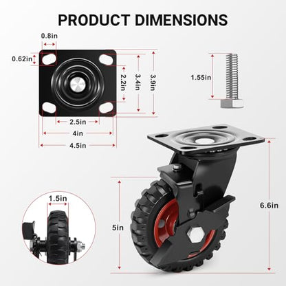 5 Inch Outdoor Heavy Duty Casters Wheels Set of 4, Sturdy Large Rubber Casters with Brake, Industrial Grade Plate Swivel Castors 1080 LBS with Knobby Tread for Workbench, Cart, Chicken Coop - size: 5 IN