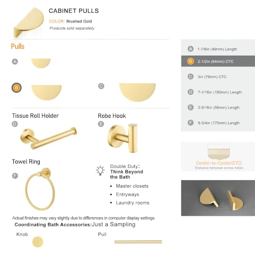 QOGRISUN 5-Pack Solid Brass Gold Drawer Pulls, Half Moon Cabinet Handles - size: 2.5 Inch Hole Centers