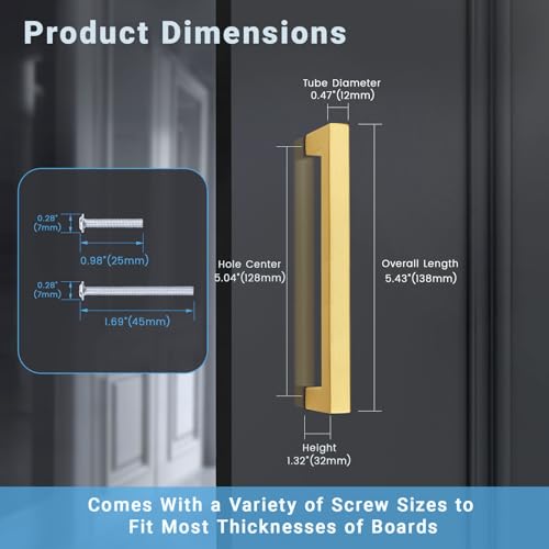 KNOBWELL 20Pack 5 Inch Brushed Gold Cabinet Pulls Stainless Steel Kitchen Cabinet Handles Square Drawer Pulls Modern Cabinet Hardware Handles，128mm Hole Centers - color: Brushed Gold, size: Hole Center:5 inch(128mm)