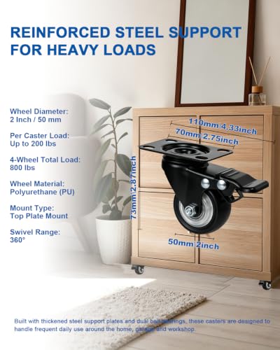 Htudcue 2 Inch Heavy Duty Caster Wheels Set of 4, Locking PU Casters with Brake, No Noise Polyurethane Wheels for Home Furniture & Workbench, 800lbs Total Load