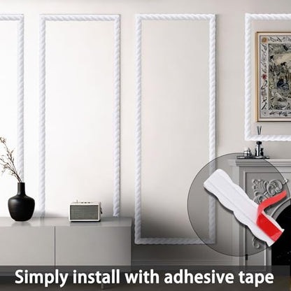 Coengwui 196.8" x 0.79" Peel and Stick Unfinished White Molding Trim with Twisted Rope Moulding, Flexible Decorative Strip, Paintable DIY for Mirror Frame, Wall, Cabinet, Door - size: 196.8" x 0.79"