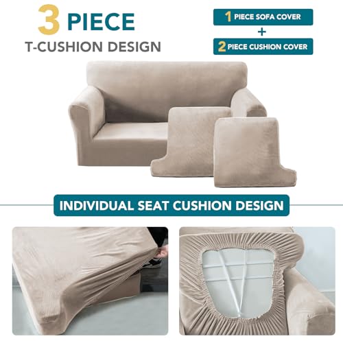 Sofa Cover 3 Piece T Cushion Loveseat Covers for 2 Cushion Couch Thick Velvet Couch Cover Stretch Furniture Covers with 2 Individual T Cushion Covers, Washable (2 Cushion Loveseat, French Oak) - color: French Oak, size: Loveseat (2 Cushion)