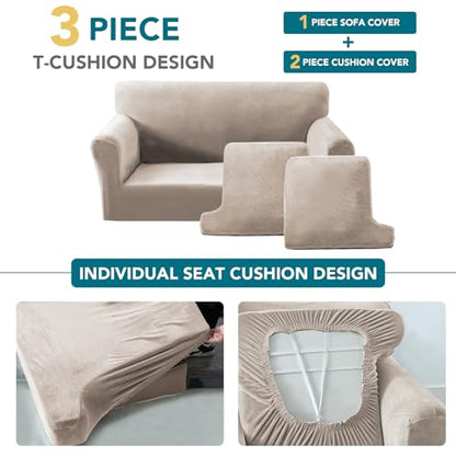 Sofa Cover 3 Piece T Cushion Loveseat Covers for 2 Cushion Couch Thick Velvet Couch Cover Stretch Furniture Covers with 2 Individual T Cushion Covers, Washable (2 Cushion Loveseat, French Oak) - color: French Oak, size: Loveseat (2 Cushion)