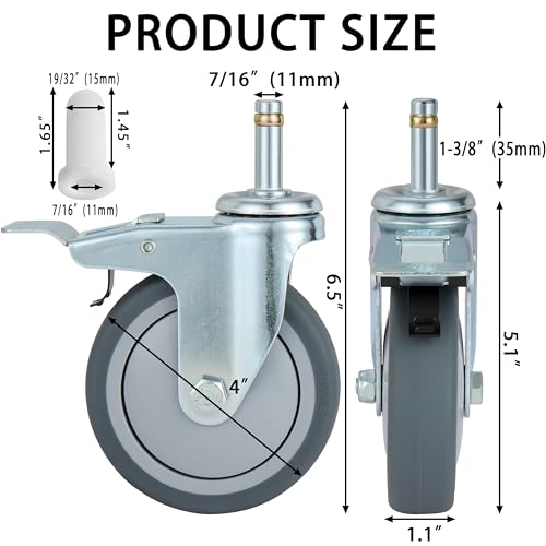 Finnhomy 4 Inches Stem Caster Wheels Set of 4 Heavy Duty 7/16 Inch Stem Diameter Swivel Locking Casters Replacement Wheels for Utility Cart/Mop Bucket/Wet & Dry Vacuum/Grills/Shop Mechanic Stool - style: 4" (with Brake)