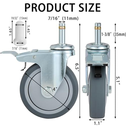 Finnhomy 4 Inches Stem Caster Wheels Set of 4 Heavy Duty 7/16 Inch Stem Diameter Swivel Locking Casters Replacement Wheels for Utility Cart/Mop Bucket/Wet & Dry Vacuum/Grills/Shop Mechanic Stool - style: 4" (with Brake)