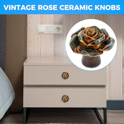Yetaha 6 Pack Blue Retro Floral Ceramic Knobs Single Hole with Screws - color: Blue