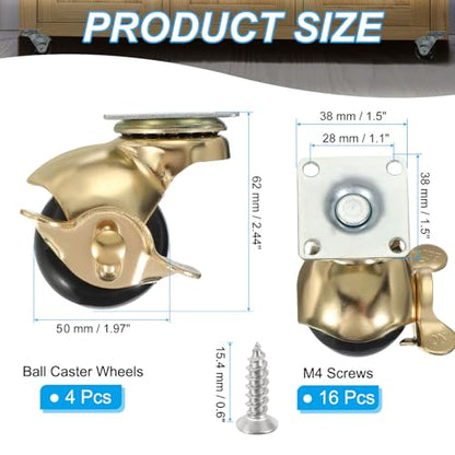 PATIKIL 2 Inch Ball Caster Wheels with Brake, 4 Pack 360° Rotating Swivel Top Plate Wheels 397 lbs Total Capacity Locking Caster with M4 Screws for Furniture Table Cabinet Gold - color: Gold, size: 2 Inch