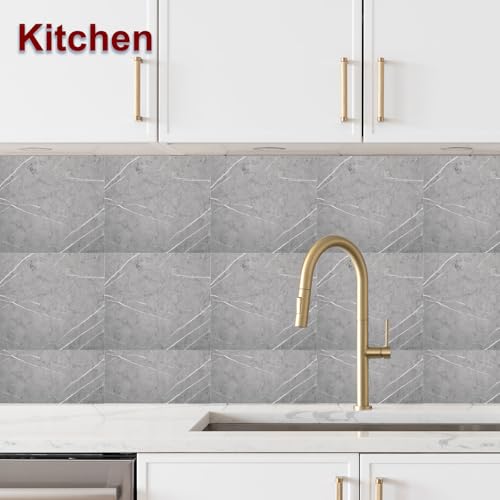 HARFINGTON 15pcs Peel and Stick Marble Tiles, Waterproof Wall Panel Backsplash, 12"x12" PVC Peel and Stick Shower Tiles for Bathroom, Kitchen, Living, Thunder Grey Design - style: Thunder Grey