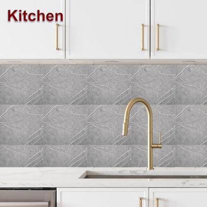 HARFINGTON 15pcs Peel and Stick Marble Tiles, Waterproof Wall Panel Backsplash, 12"x12" PVC Peel and Stick Shower Tiles for Bathroom, Kitchen, Living, Thunder Grey Design - style: Thunder Grey