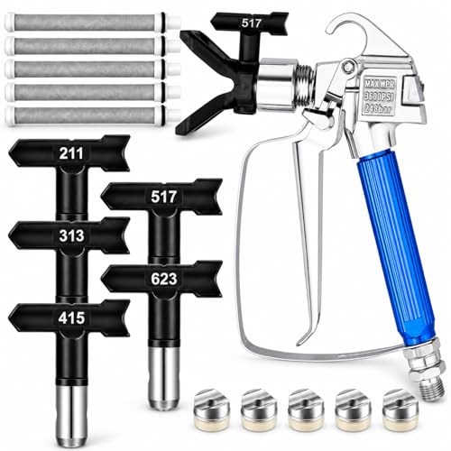 12 PCS Airless Paint Sprayer Gun Kit, 3600 PSI Spray Gun with 5 Reversible Spray Tips 211/313/415/517/623,5 Filters and 1 Nozzle Seat for Wall, Fence, Cabinet,Furniture,Door and DIY Painting