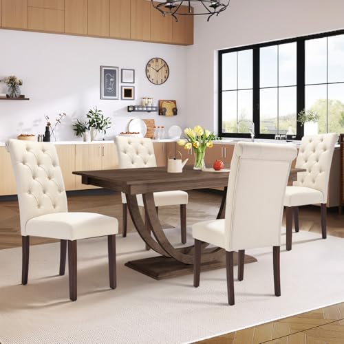 COLAMY Tufted Dining Chairs Set of 2, Accent Parsons Diner Chair Upholstered Fabric Stylish Kitchen Chairs with Solid Wood Legs and Padded Seat, Beige - color: Beige, size: set of 2