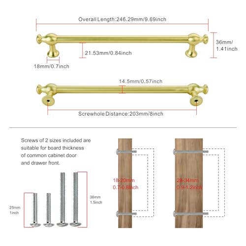 TUNNY 5 Pack Retro Cabinet Handles Brushed Gold 8 Inch/203mm Kitchen Cabinet Pulls, Cabinet Pulls Kitchen Cabinet Hardware Drawer Pulls TU10188 - color: Brushed Gold, size: 8"(203mm)Hole Center-5Pcs
