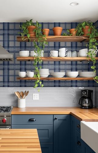 NextWall Harry & Grace Herringbone Plaid Premium Matte Non-Woven Peel and Stick Wallpaper (Blue Smoke) - color: Blue Smoke