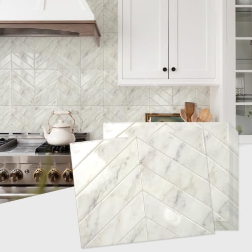 STICKGOO Herringbone Peel and Stick Backsplash, Statuario Marble, 10 Sheets - color: Statuario White Marble, size: Pack of 10