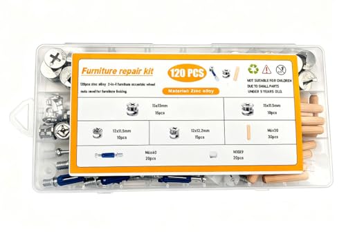 120Pcs Cam Locks for Furniture Assortment Kit, 3 in 1 Eccentric Hardware Wheels,Wood Dowel Pins, Furniture Cam Lock Fasteners Connectors with Multi-Size Nuts,Bolts and Wood Dowel Pins for Repairing