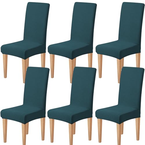 Dioxide Stretch Chair Covers for Dining Chairs, Washable Dining Chair Covers Set of 6, Soft Kitchen Chairs Seat Covers, Jacquard Parson Chair Slipcover Protectors for Home Hotel Restaurant Banquet - color: Cyan, size: 6PCS
