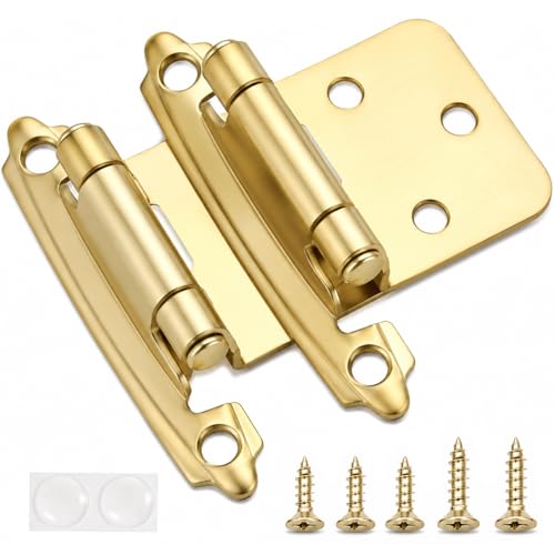 Decobasics Brushed Gold Cabinet Hinges for Kitchen Cabinets Doors (25 Pair -50 Pcs) -1/2" Overlay (Variable) -Self Closing Kitchen Cabinet Hinges Flush Mount w/Silicon Bumpers & Hardware Screws - color: Brass Plated, size: 50 Pack
