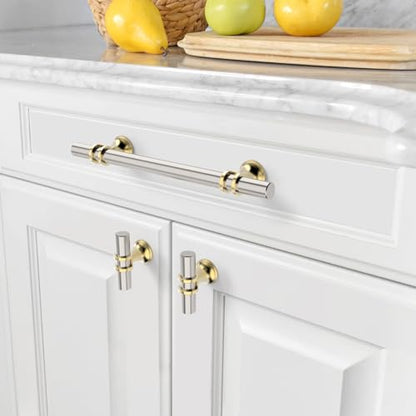 Amerdeco 10 Pack Brushed Satin Nickel and Gold Cabinet Knobs 2 Inch T Bar Cabinet Pulls Kitchen Cabinet Handles Cabinets Hardware Drawer Pulls ZH0058 - color: Gold+Brushed Satin Nickel, size: 2"/51MM