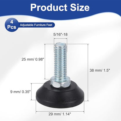 uxcell 5/16"-18 Thread Furniture Feet Levelers, 4Pcs, 25mm, Black - size: 5/16"-18 25mm